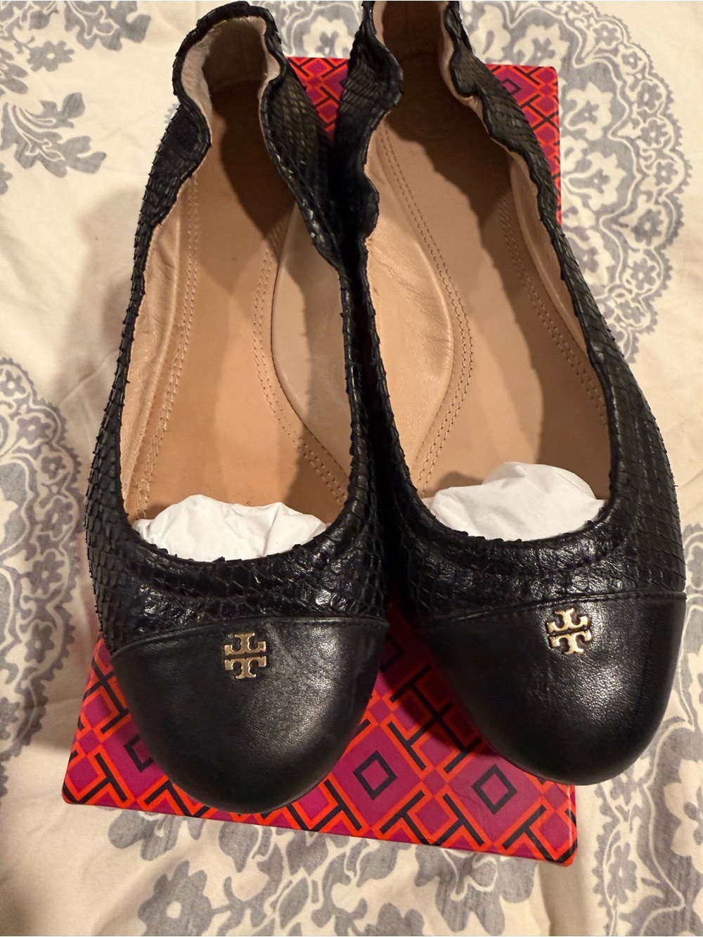 Tory Burch Black Leather Ballet Flats with Gold Logo